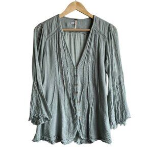 Free People Boho Button-Down Blouse Size Small Green Flowy